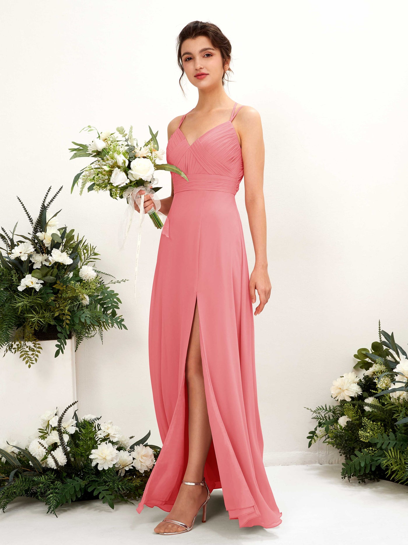 Straps V-neck Sleeveless Chiffon Bridesmaid Dress - Coral Pink (81225430)#color_coral-pink