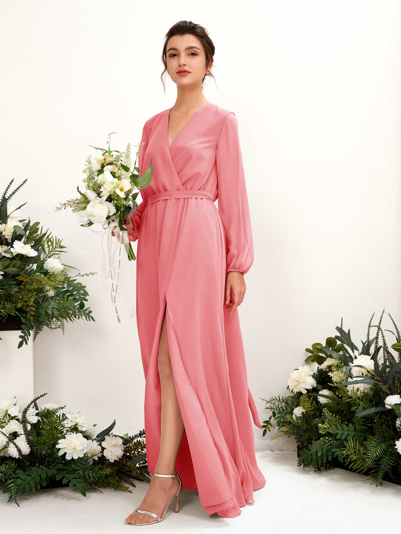 V-neck Long Sleeves Chiffon Bridesmaid Dress - Coral Pink (81223230)#color_coral-pink