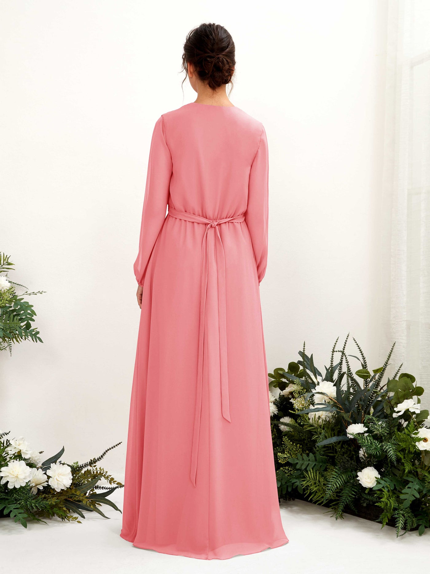V-neck Long Sleeves Chiffon Bridesmaid Dress - Coral Pink (81223230)#color_coral-pink
