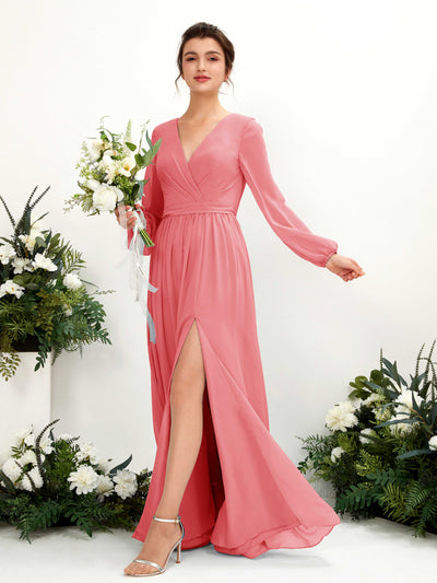 Carlyna Ginny A-Line Coral Pink Bridesmaid Dress Maxi Long Sleeve V-Neck Front View #color_coral-pink