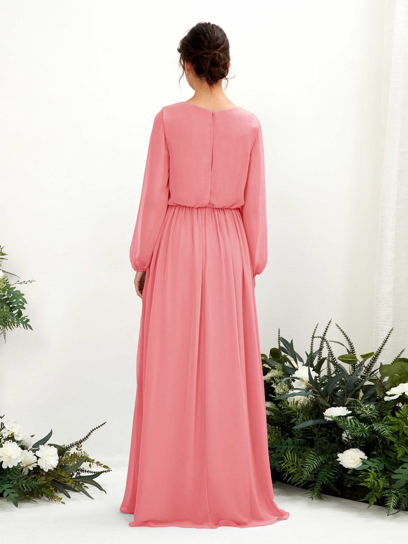 V-neck Long Sleeves Chiffon Bridesmaid Dress - Coral Pink (81223830)#color_coral-pink