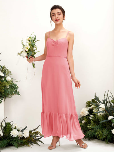 Carlyna Delia Sheath Coral Pink Bridesmaid Dress Maxi Sleeveless Spaghetti Strap Dress Front View #color_coral-pink