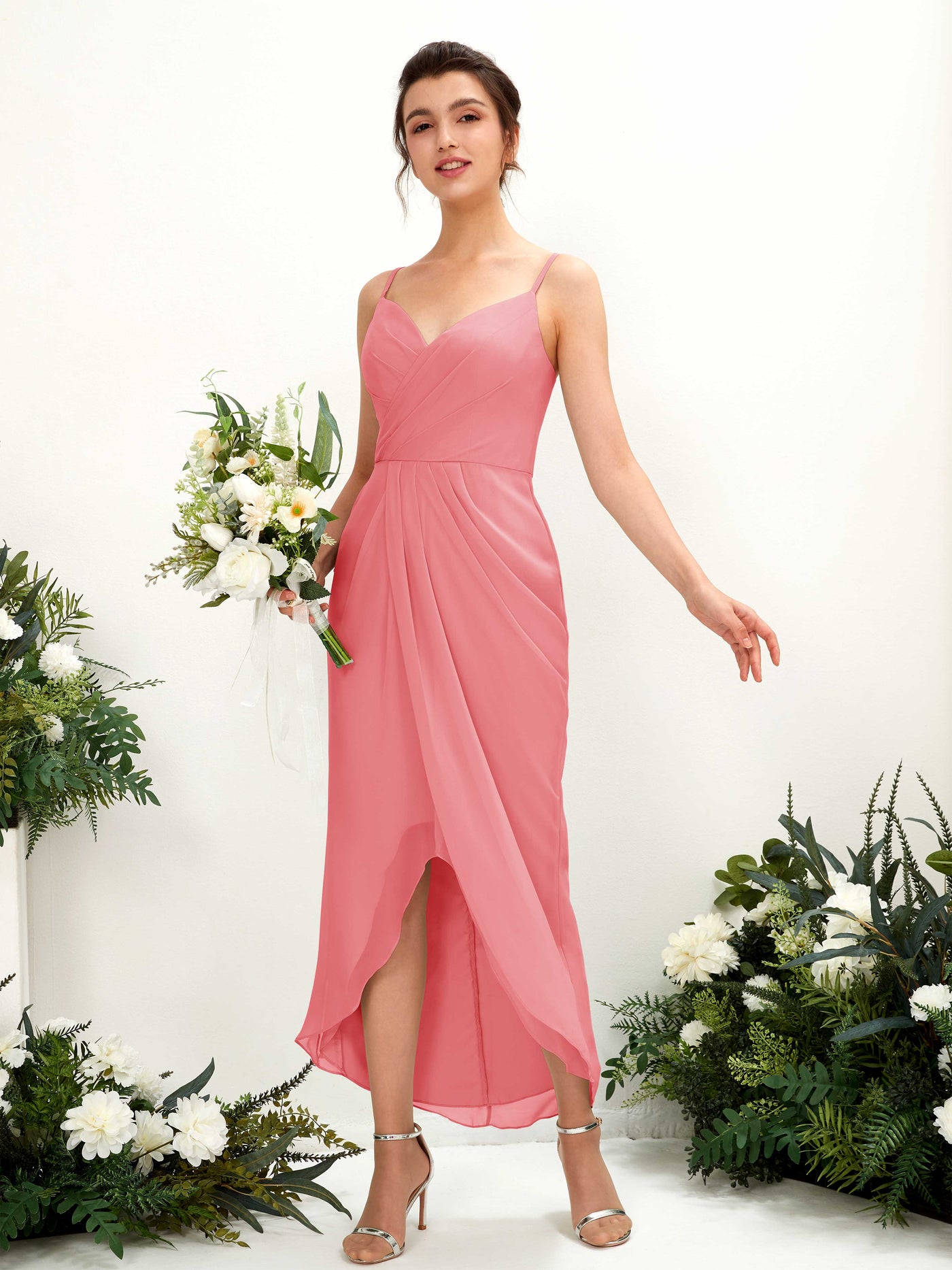 Spaghetti-straps V-neck Sleeveless Chiffon Bridesmaid Dress - Coral Pink (81221330)#color_coral-pink