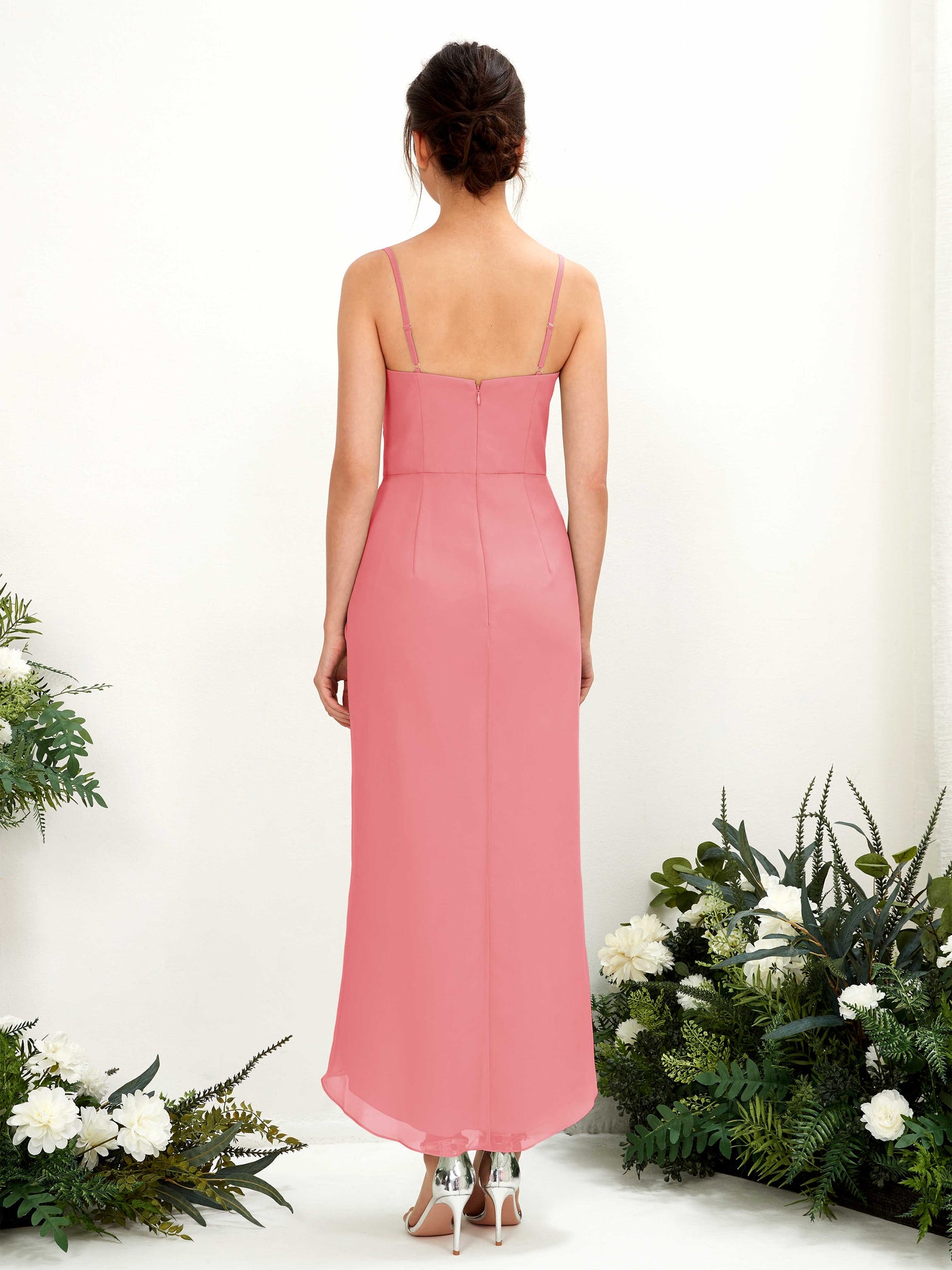 Spaghetti-straps V-neck Sleeveless Chiffon Bridesmaid Dress - Coral Pink (81221330)#color_coral-pink