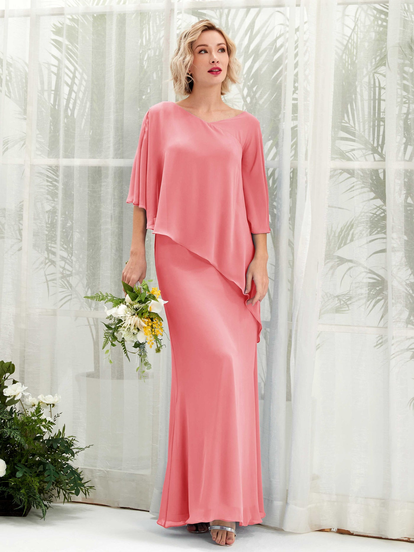 V-neck 3/4 Sleeves Chiffon Bridesmaid Dress - Coral Pink (81222530)#color_coral-pink