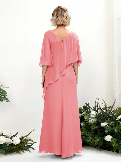 Carlyna Violaine A-Line Coral Pink Bridesmaid Dress Maxi Three Quarter Sleeve V-Neck Dress #color_coral-pink