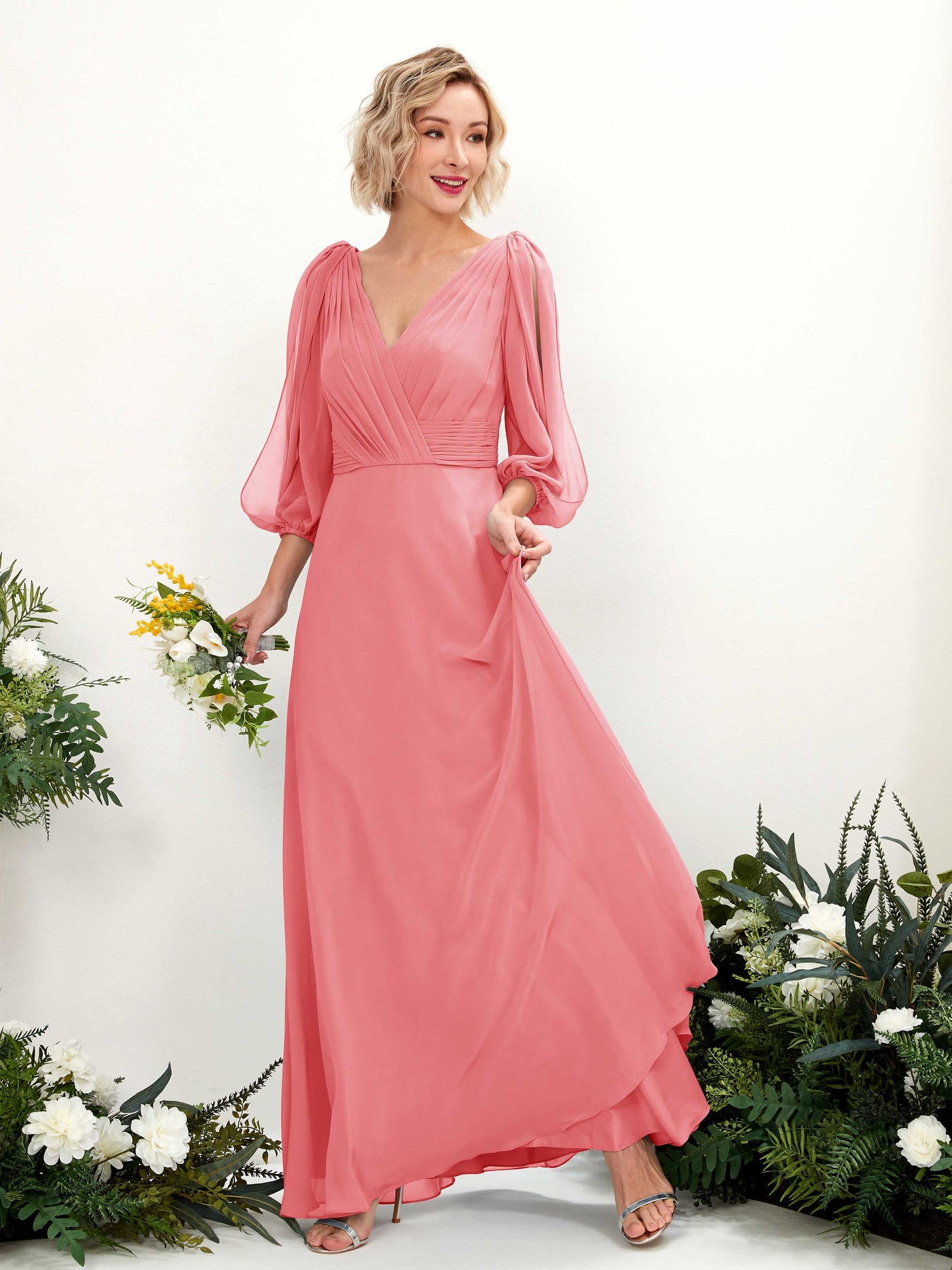 V-neck 3/4 Sleeves Chiffon Bridesmaid Dress - Coral Pink (81223530)#color_coral-pink