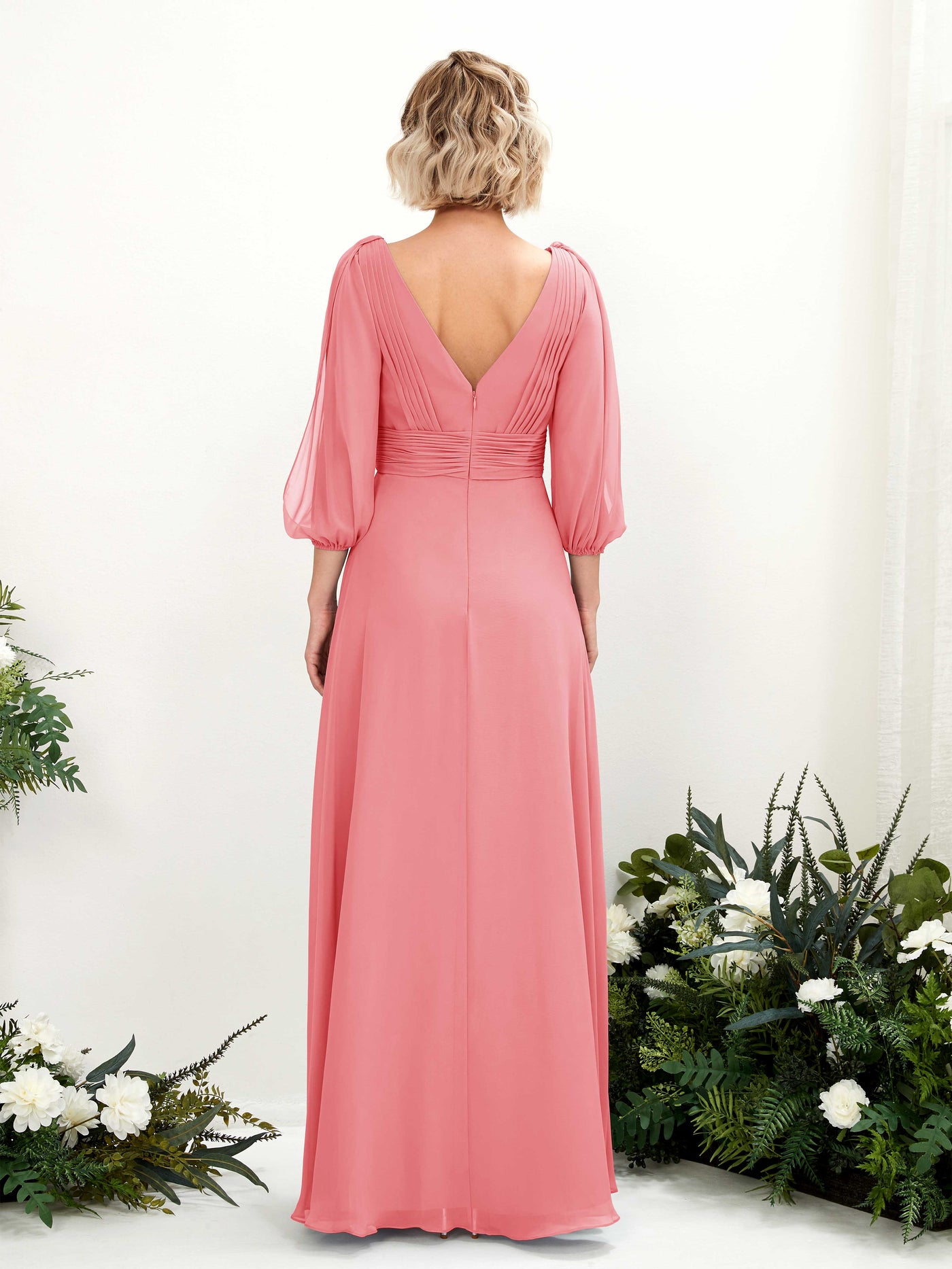 V-neck 3/4 Sleeves Chiffon Bridesmaid Dress - Coral Pink (81223530)#color_coral-pink