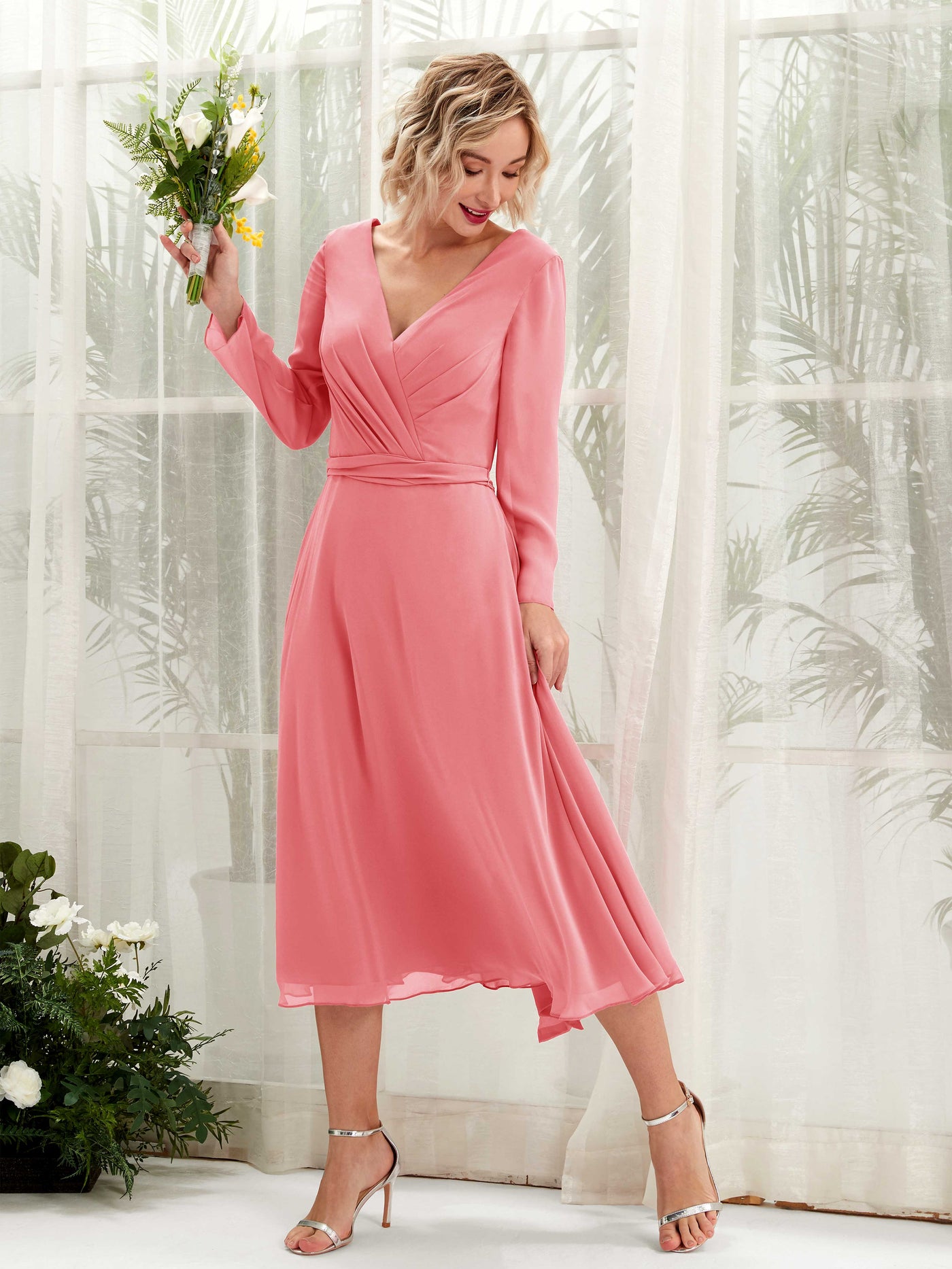 V-neck Long Sleeves Chiffon Bridesmaid Dress - Coral Pink (81223330)#color_coral-pink