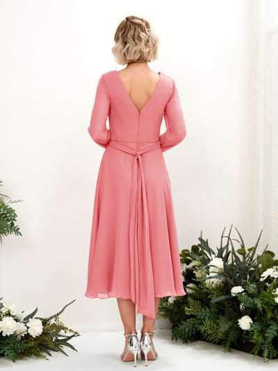 Carlyna Joanna A-Line Coral Pink Bridesmaid Dress Midi Long Sleeve V-Neck  #color_coral-pink