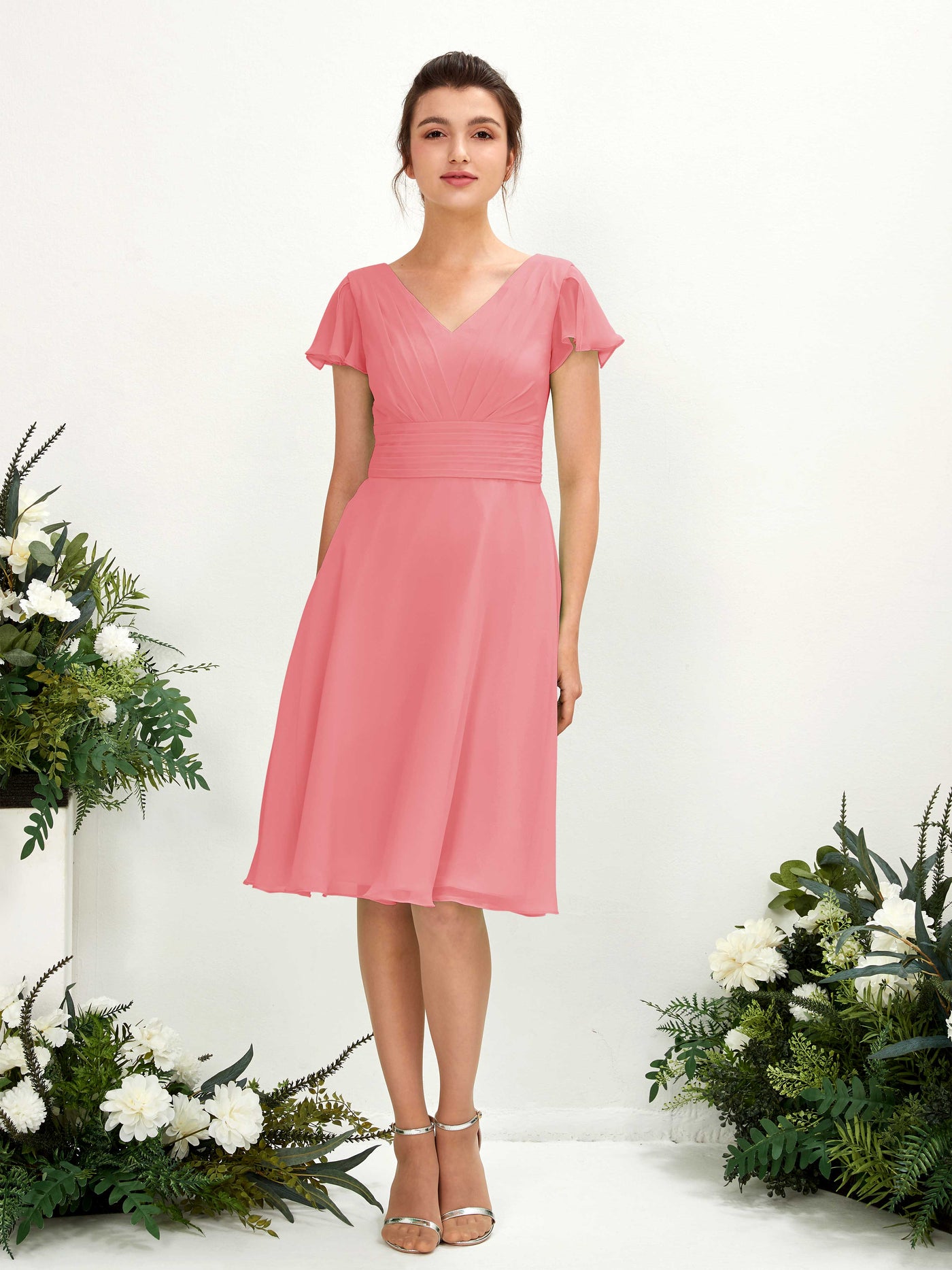 V-neck Short Sleeves Chiffon Bridesmaid Dress - Coral Pink (81220230)#color_coral-pink