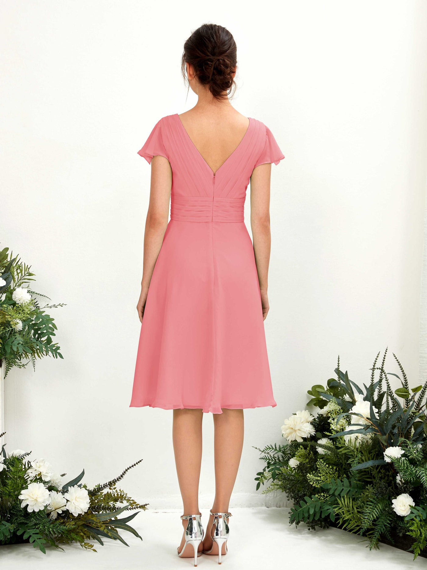 V-neck Short Sleeves Chiffon Bridesmaid Dress - Coral Pink (81220230)#color_coral-pink