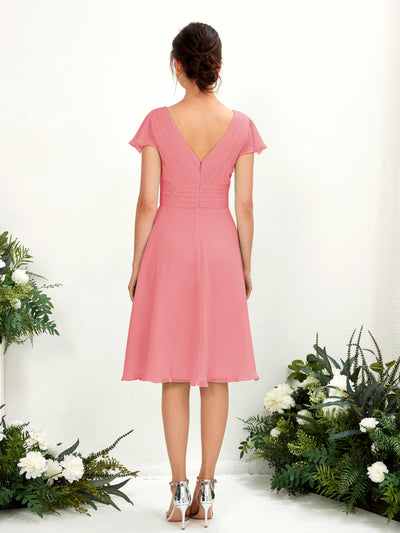 Carlyna Betty A-Line Coral Pink Bridesmaid Dress Knee-Length Short Sleeve V-Neck Dress Back View #color_coral-pink