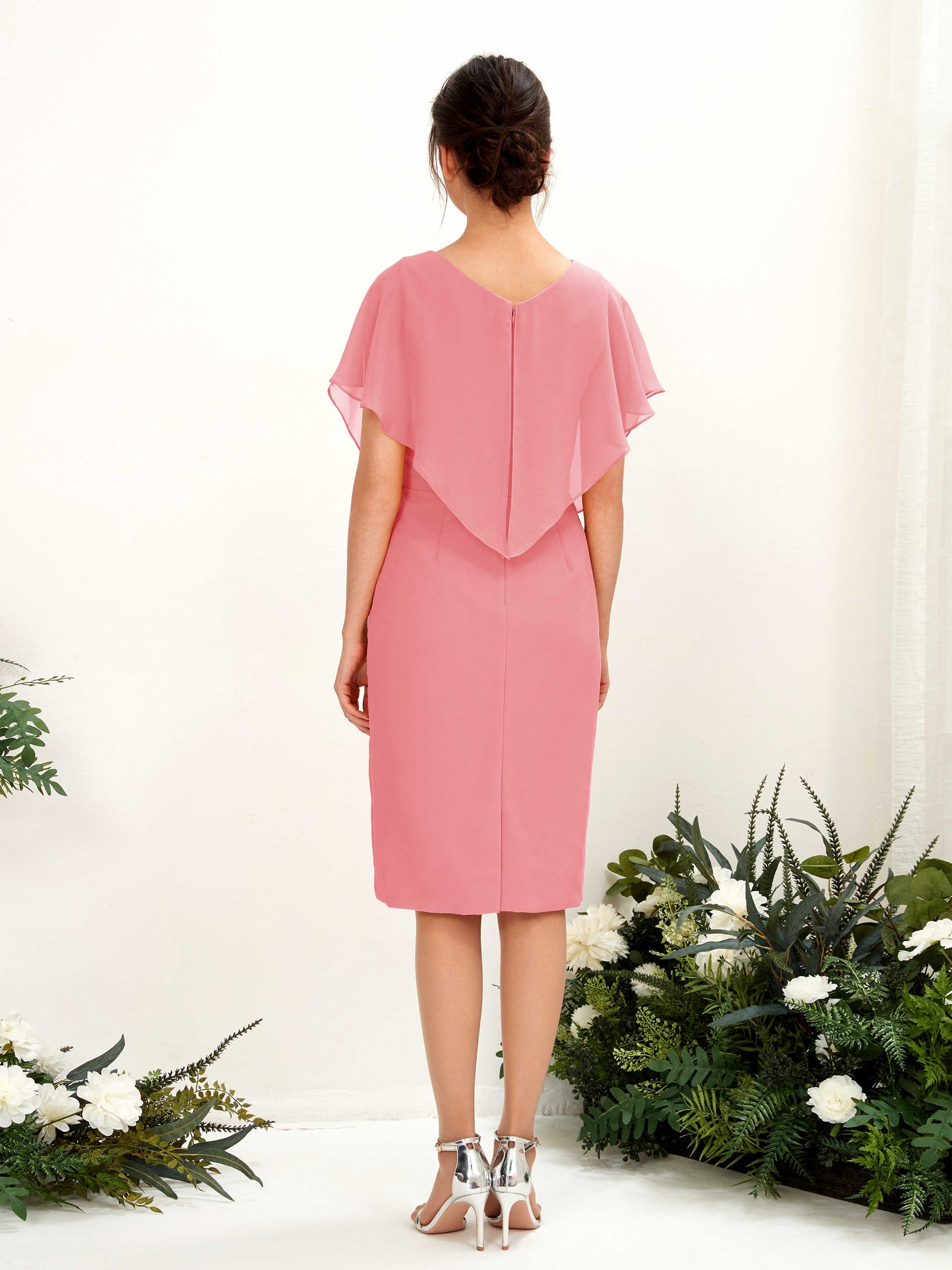 V-neck Short Sleeves Chiffon Bridesmaid Dress - Coral Pink (81222230)#color_coral-pink