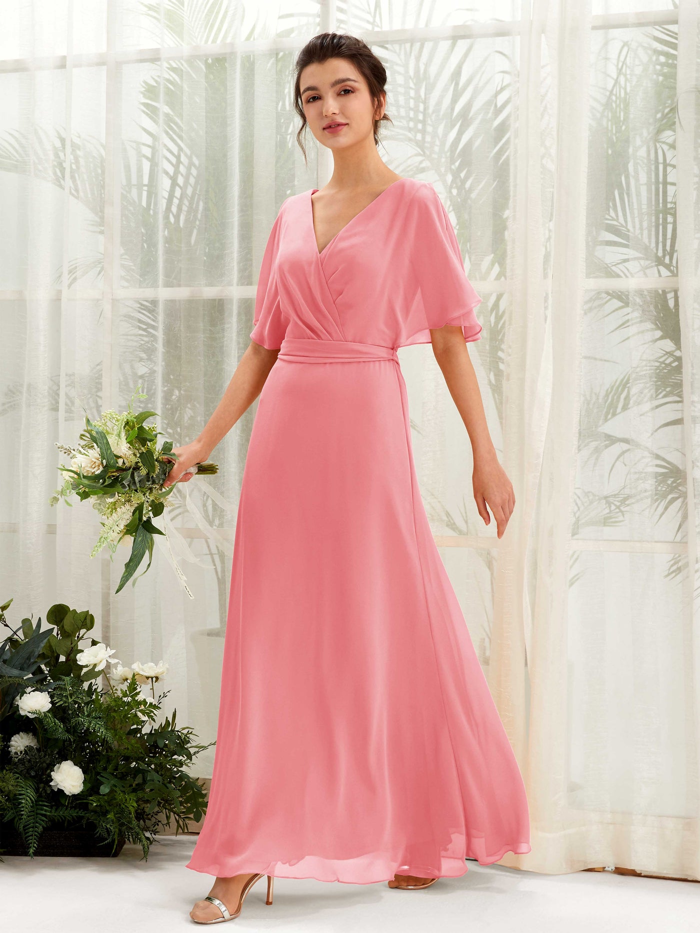 V-neck Short Sleeves Chiffon Bridesmaid Dress - Coral Pink (81222430)#color_coral-pink