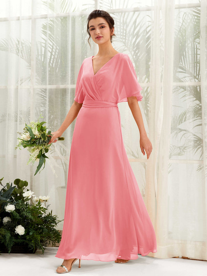 V-neck Short Sleeves Chiffon Bridesmaid Dress - Coral Pink (81222430)