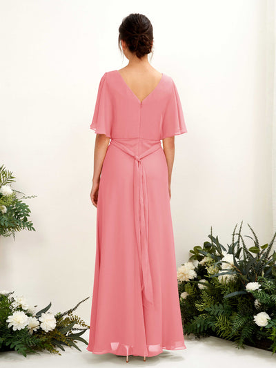 Carlyna Merta A-Line Coral Pink Bridesmaid Dress Maxi Short Sleeve V-Neck Dress #color_coral-pink