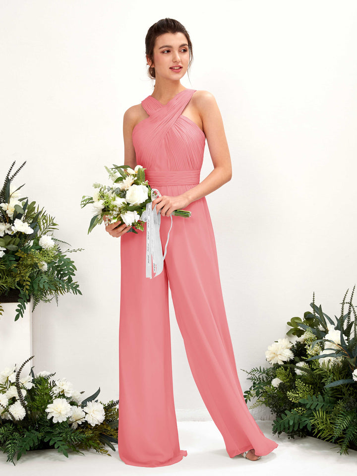 V-neck Sleeveless Chiffon Bridesmaid Dress Wide-Leg Jumpsuit - Coral Pink (81220730)