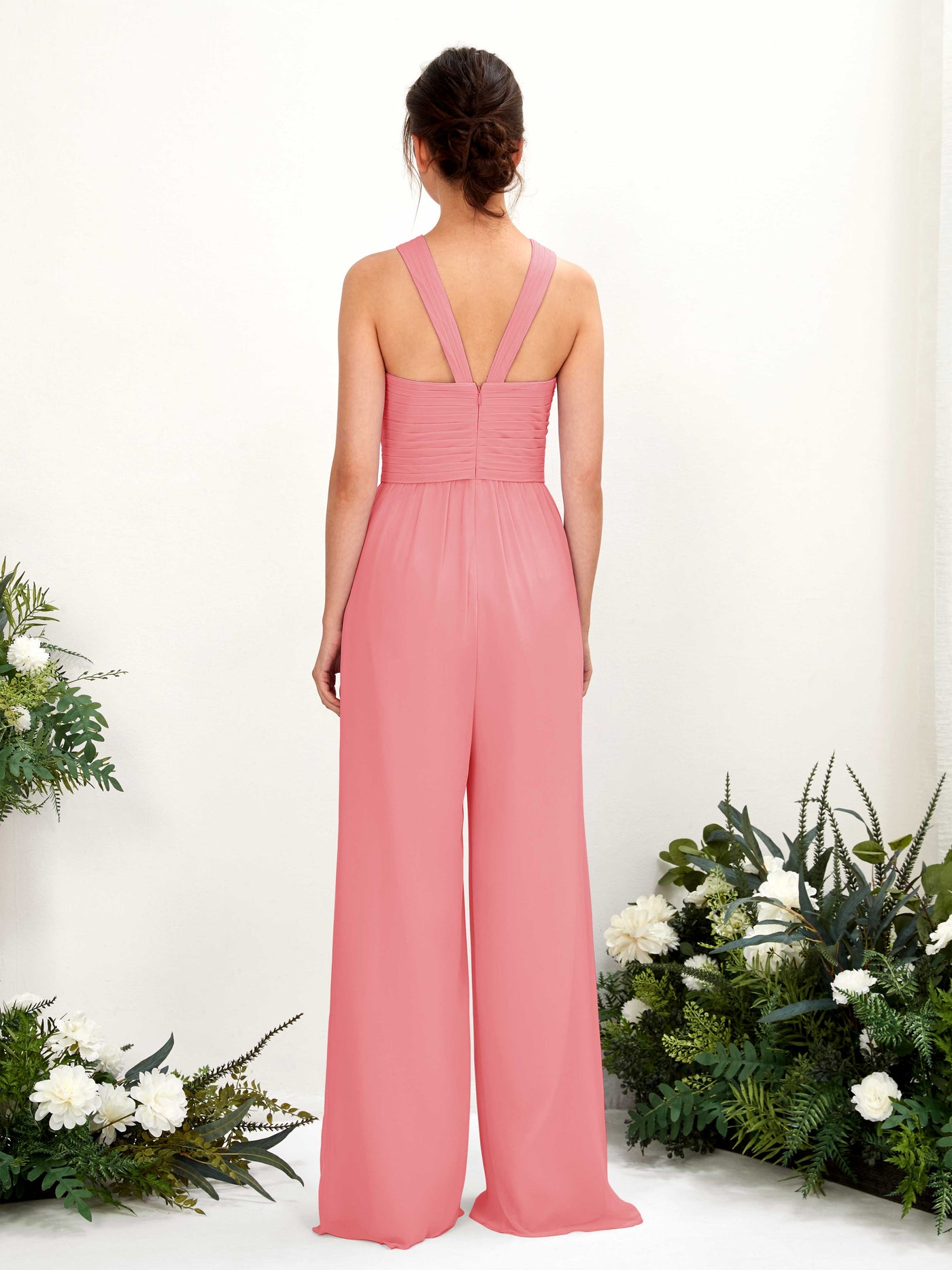 V-neck Sleeveless Chiffon Bridesmaid Dress Wide-Leg Jumpsuit - Coral Pink (81220730)#color_coral-pink
