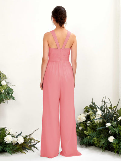 Carlyna Hilona Jumpsuit Coral Pink Bridesmaid Dress Maxi Sleeveless V-Neck Dress Back View #color_coral-pink