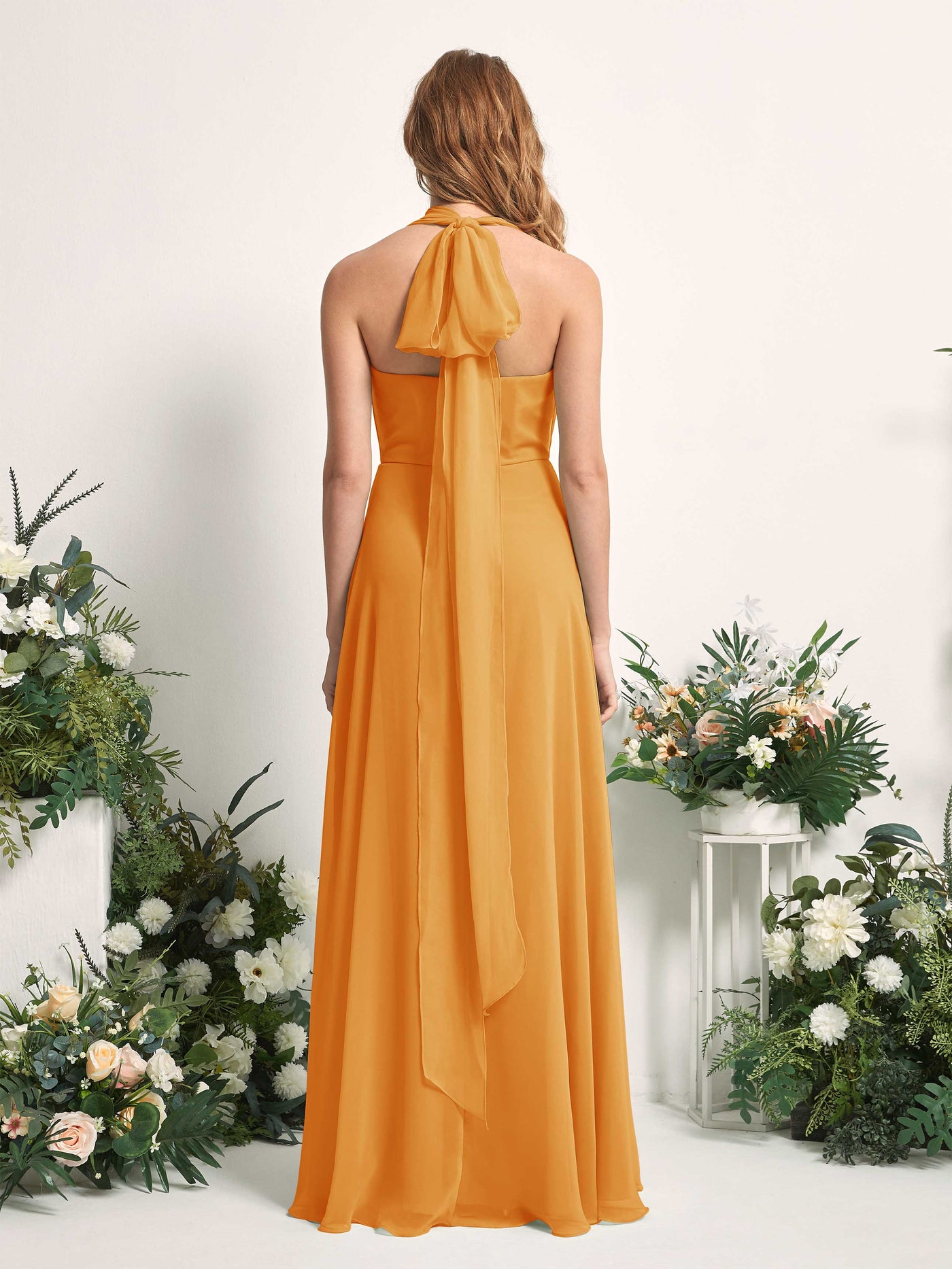 Bridesmaid Dress A-line Chiffon Halter Full Length Short Sleeves Wedding Party Dress - Mango (81226302)#color_mango