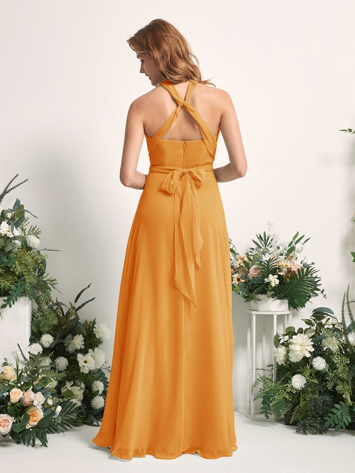Bridesmaid Dress A-line Chiffon Halter Full Length Short Sleeves Wedding Party Dress - Mango (81226302)#color_mango