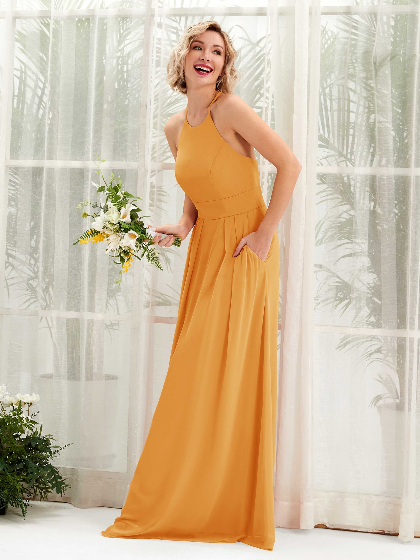 A-line Ball Gown Halter Spaghetti-straps Sleeveless Bridesmaid Dress - Mango (81225202)#color_mango