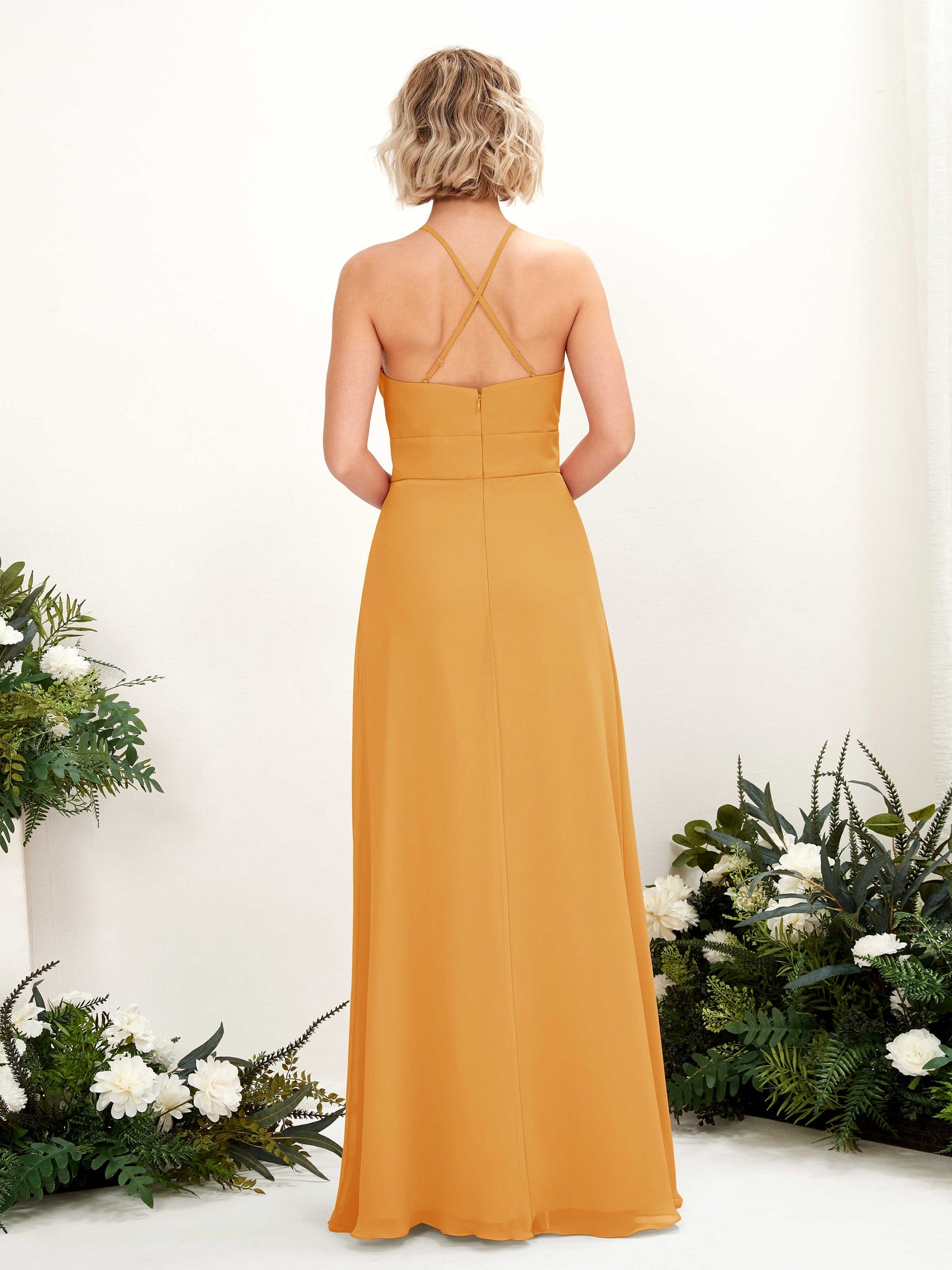 A-line Ball Gown Halter Spaghetti-straps Sleeveless Bridesmaid Dress - Mango (81225202)#color_mango