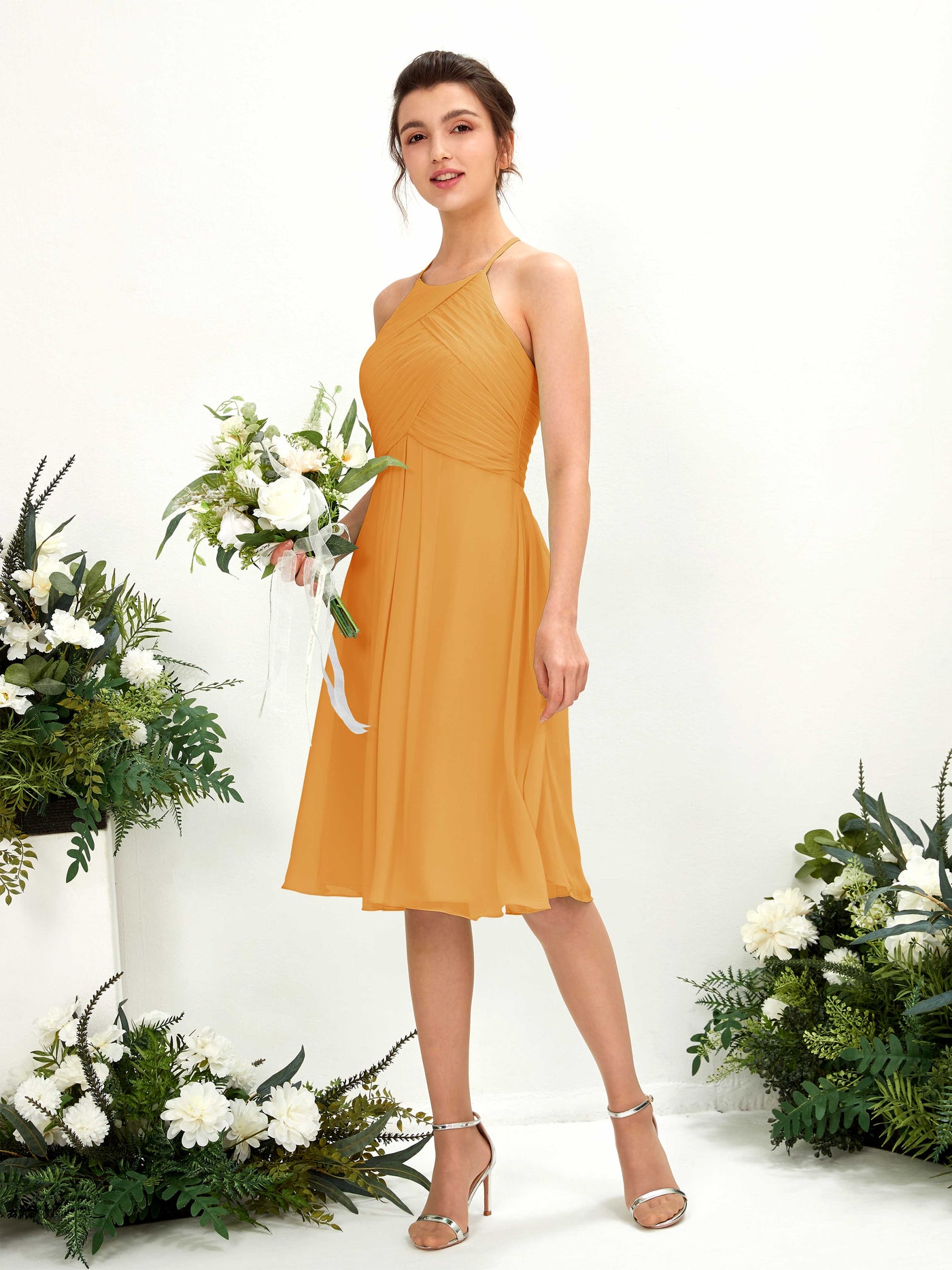 A-line Halter Sleeveless Chiffon Bridesmaid Dress - Mango (81220402)#color_mango