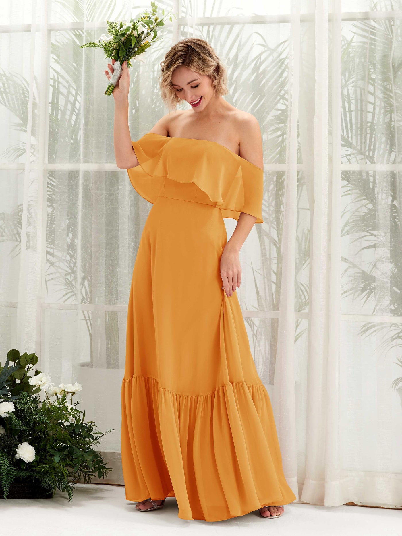 A-line Off Shoulder Chiffon Bridesmaid Dress - Mango (81224502)#color_mango