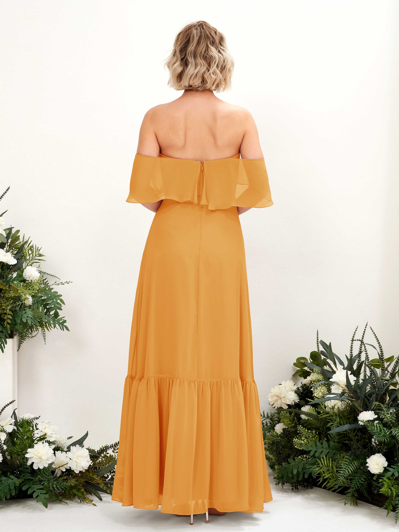 A-line Off Shoulder Chiffon Bridesmaid Dress - Mango (81224502)#color_mango