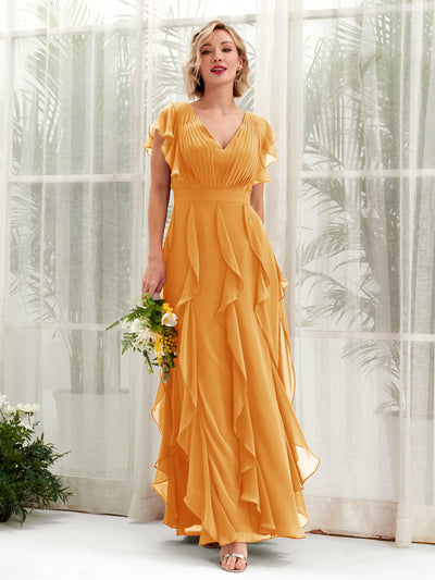 Carlyna Cynthia A-Line Mango Bridesmaid Dress Maxi Cap Sleeve V-Neck Dress Front View #color_mango