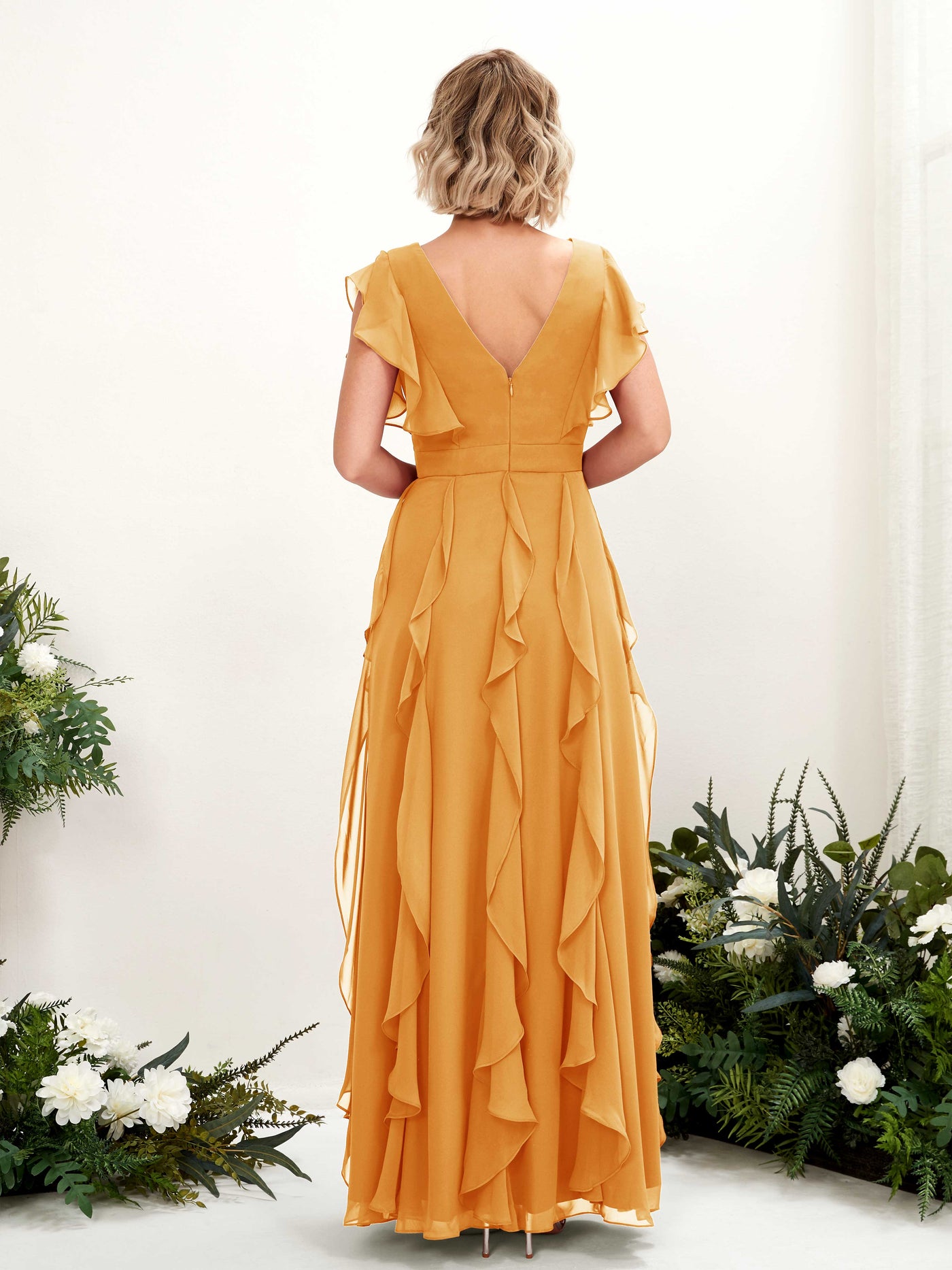 A-line V-neck Short Sleeves Chiffon Bridesmaid Dress - Mango (81226002)#color_mango