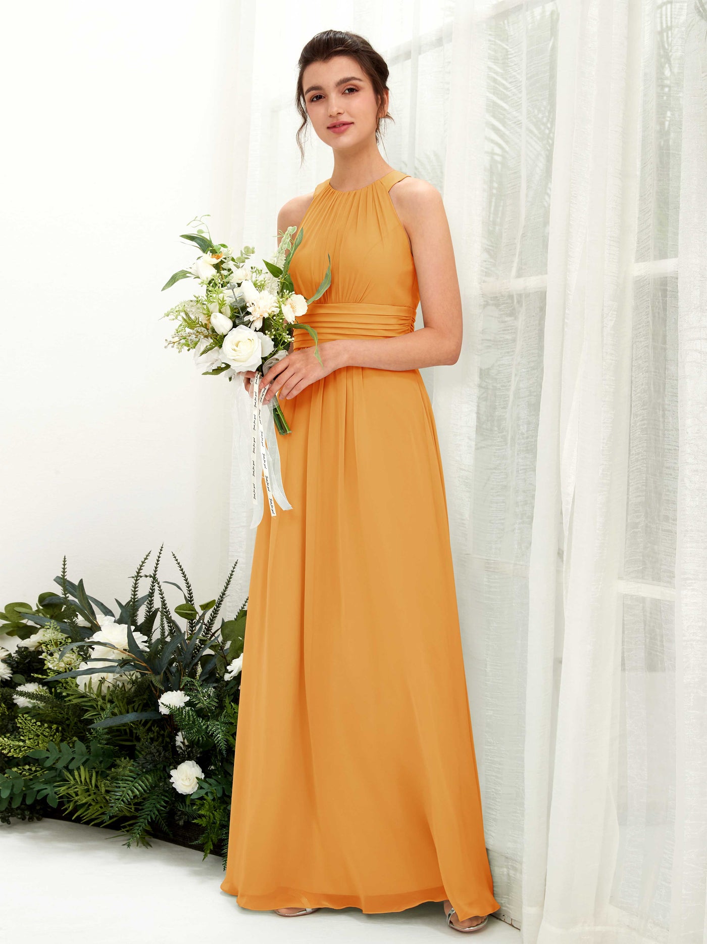 A-line Round Sleeveless Chiffon Bridesmaid Dress - Mango (81221502)#color_mango