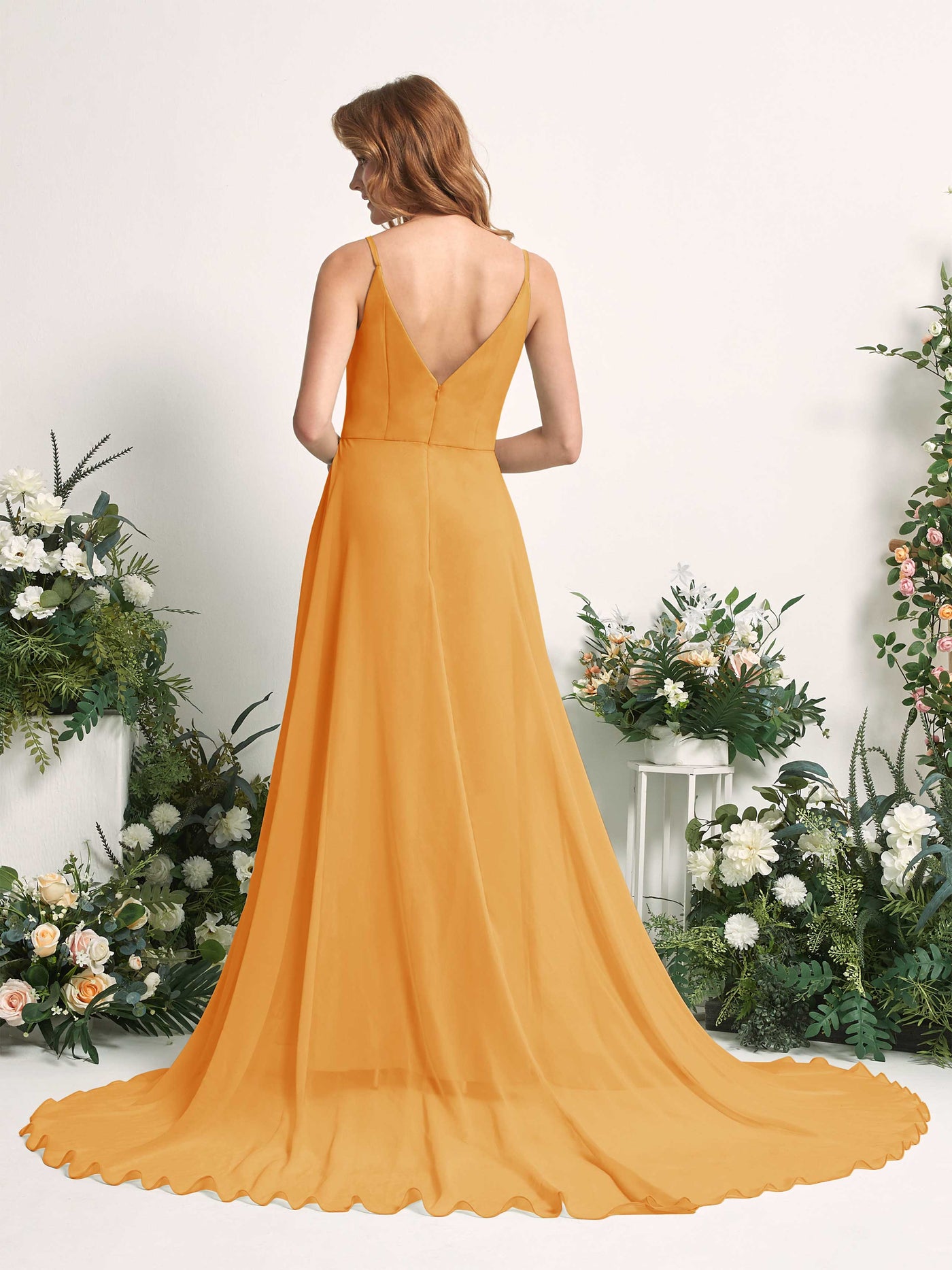 Bridesmaid Dress A-line Chiffon Spaghetti-straps Full Length Sleeveless Wedding Party Dress - Mango (81227702)#color_mango