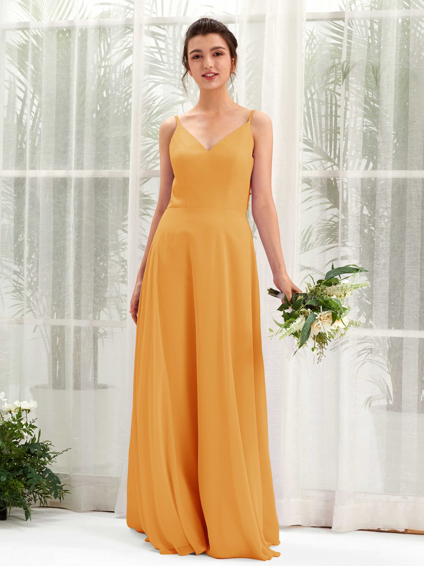 A-line Spaghetti-straps V-neck Sleeveless Chiffon Bridesmaid Dress - Mango (81220602)#color_mango