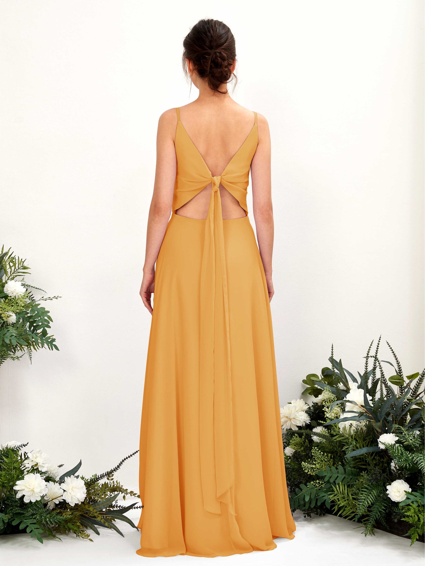 A-line Spaghetti-straps V-neck Sleeveless Chiffon Bridesmaid Dress - Mango (81220602)#color_mango