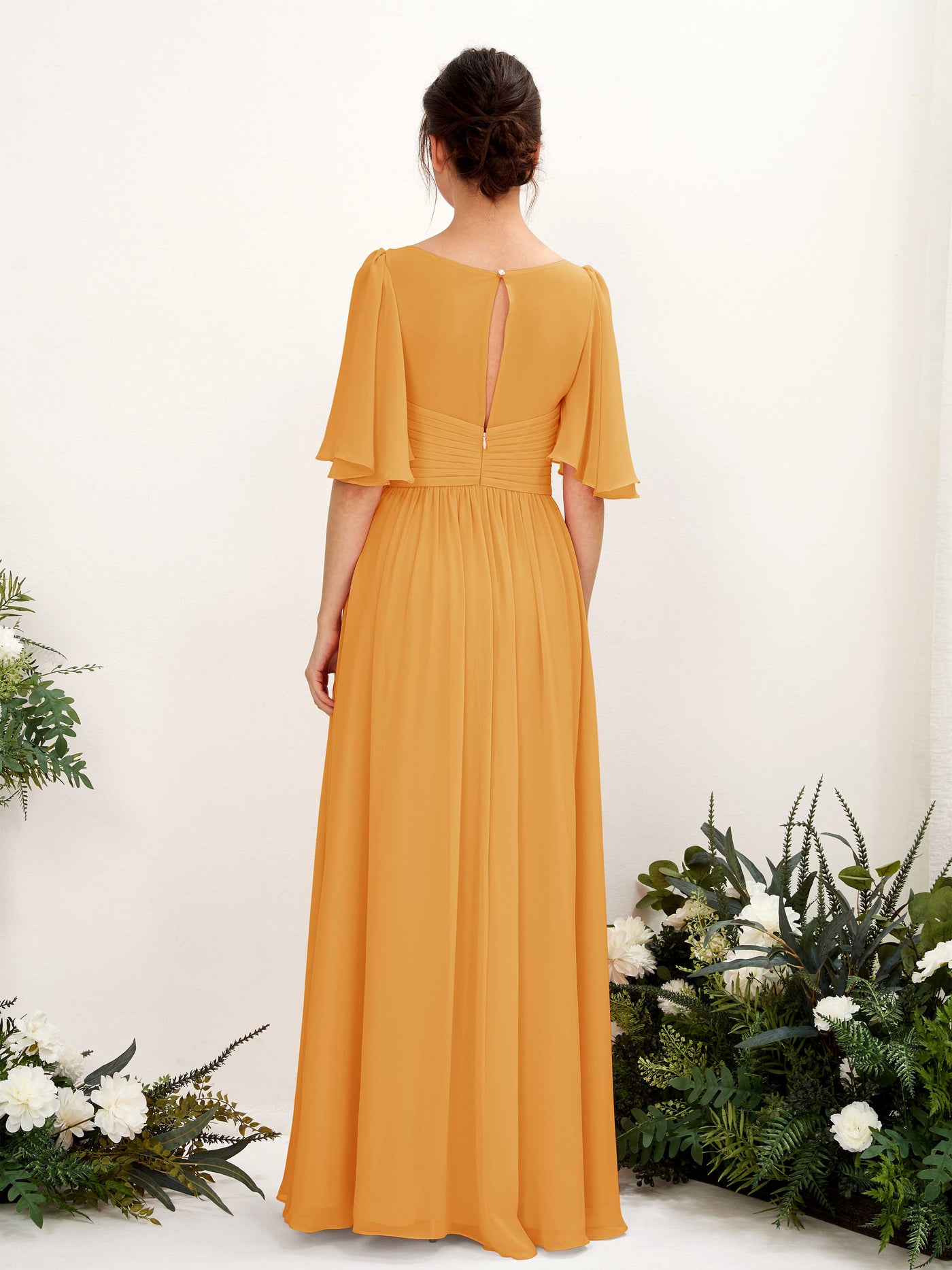 A-line V-neck 1/2 Sleeves Chiffon Bridesmaid Dress - Mango (81221602)#color_mango