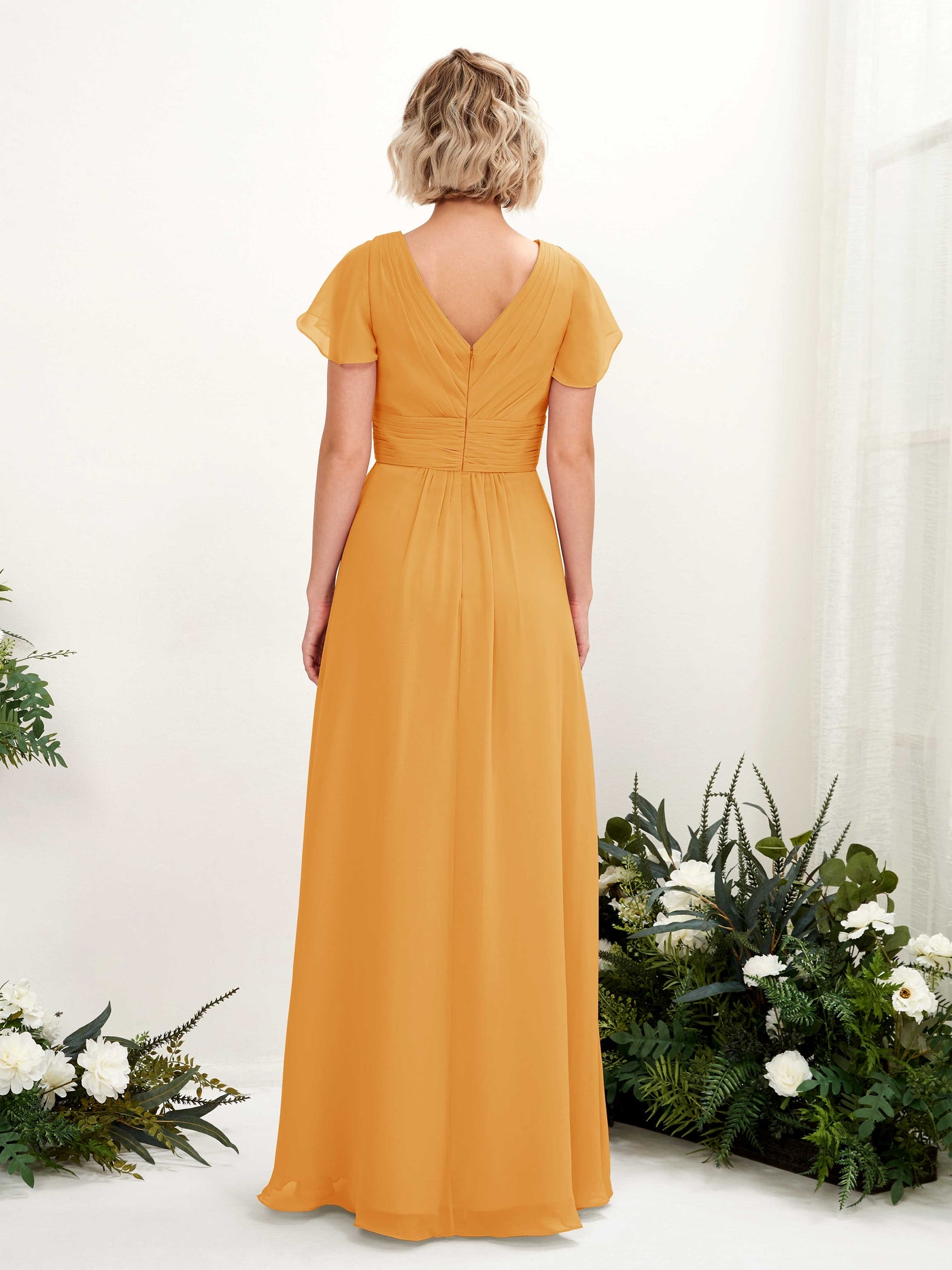 A-line V-neck Cap Sleeves Chiffon Bridesmaid Dress - Mango (81224302)#color_mango