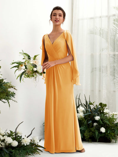 Carlyna Alain A-Line Mango Bridesmaid Dress Maxi Cap Sleeve V-Neck Dress Front View #color_mango