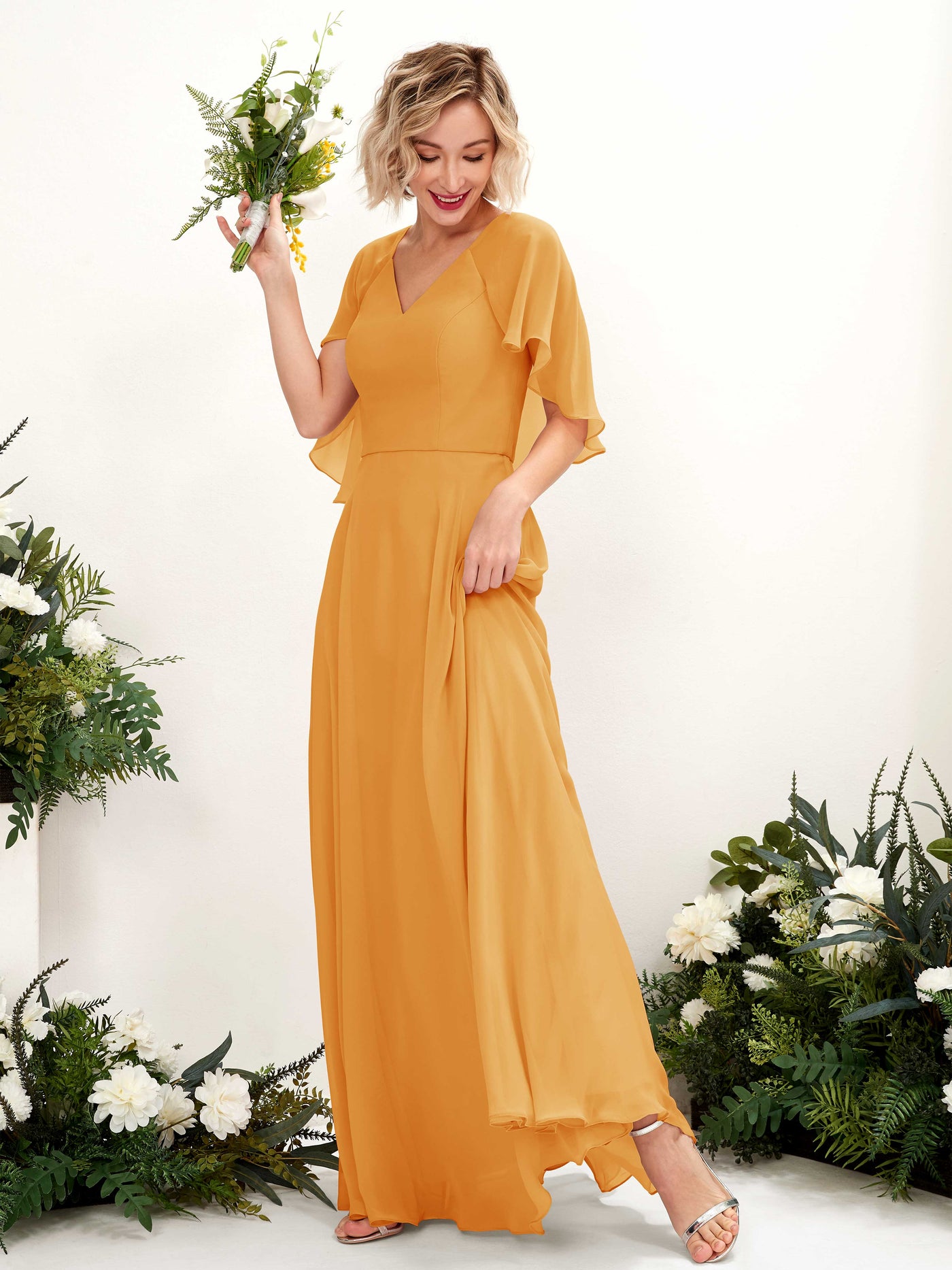 A-line V-neck Short Sleeves Chiffon Bridesmaid Dress - Mango (81224402)#color_mango