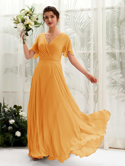 Carlyna Daphne A-Line Mango Bridesmaid Dress Maxi Short Sleeve V-Neck Dress Front View #color_mango