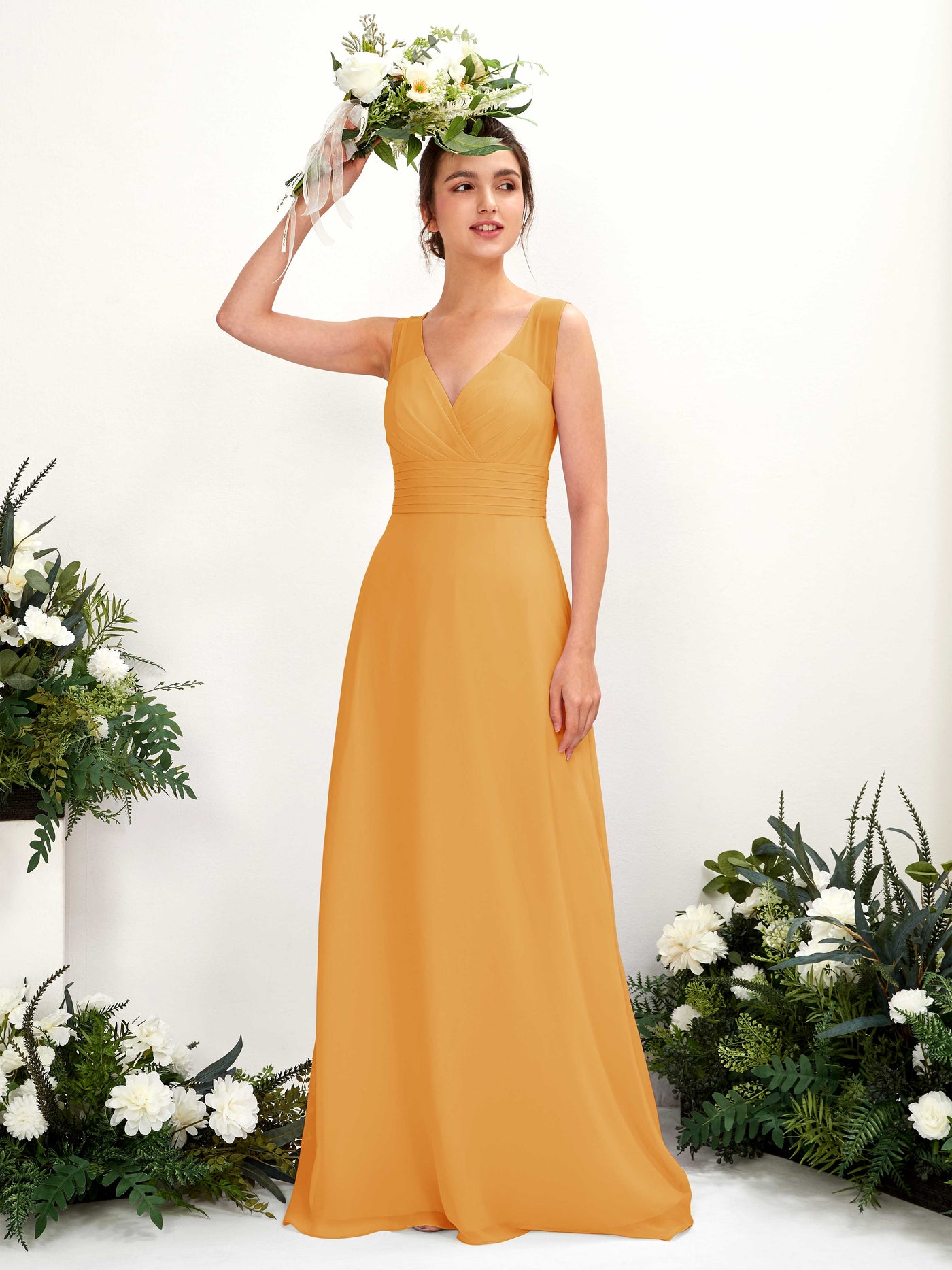 A-line V-neck Sleeveless Chiffon Bridesmaid Dress - Mango (81220902)#color_mango