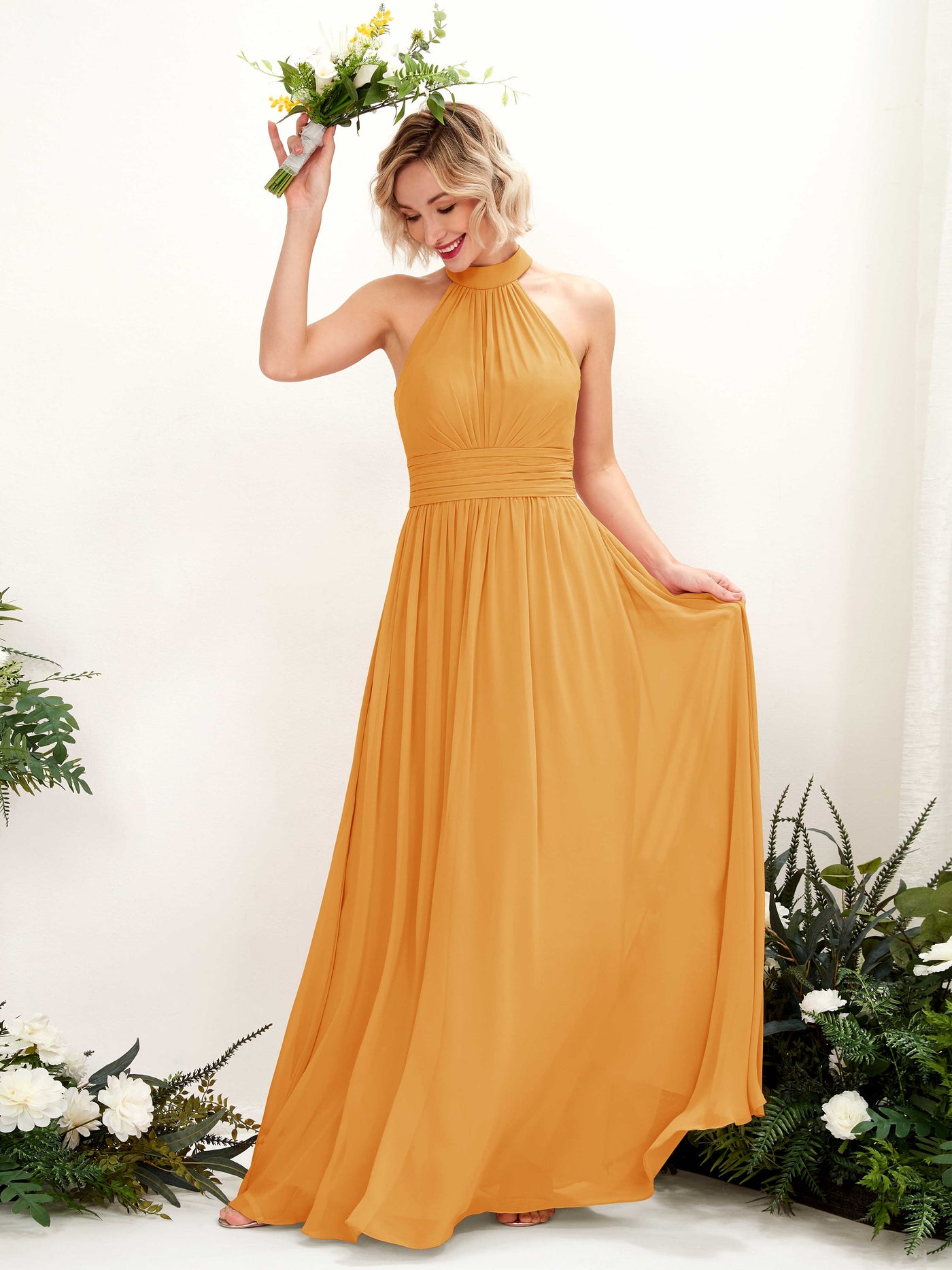 Ball Gown Halter Sleeveless Chiffon Bridesmaid Dress - Mango (81225302)#color_mango