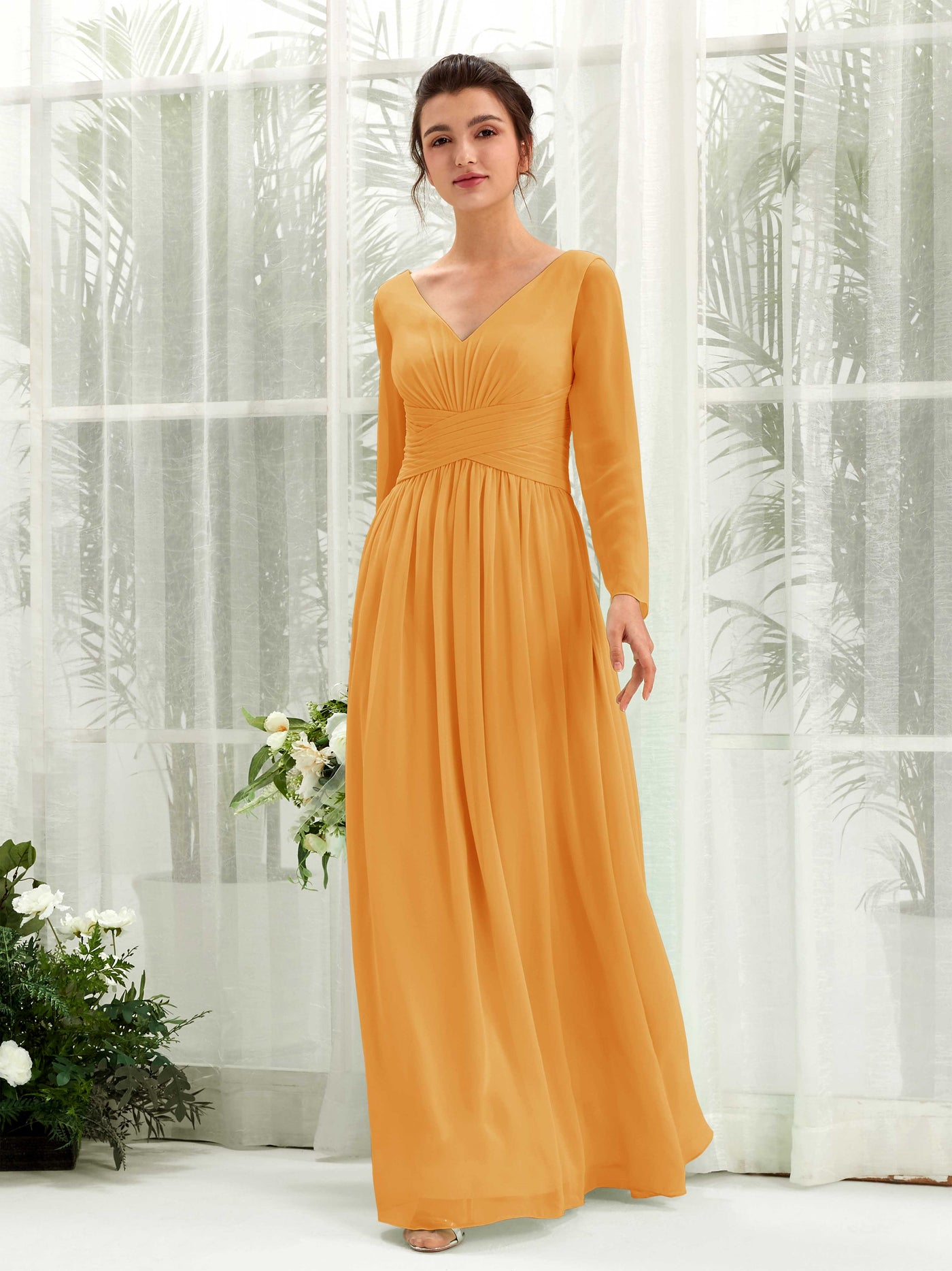 Ball Gown V-neck Long Sleeves Chiffon Bridesmaid Dress - Mango (81220302)#color_mango