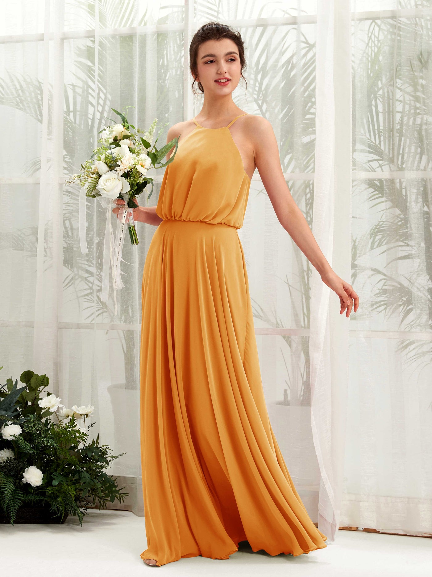 Bohemian Halter Spaghetti-straps Bridesmaid Dress - Mango (81223402)#color_mango