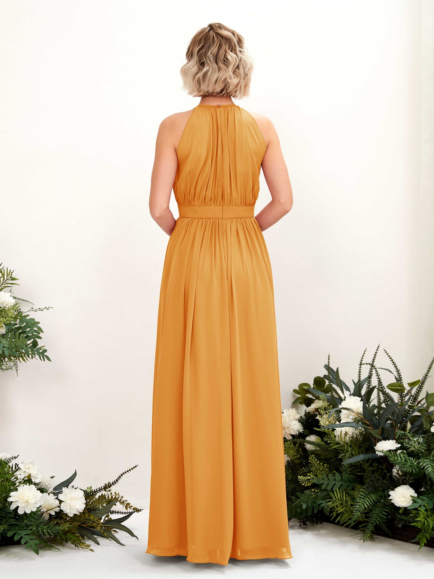 Halter Sleeveless Chiffon Bridesmaid Dress - Mango (81223102)#color_mango