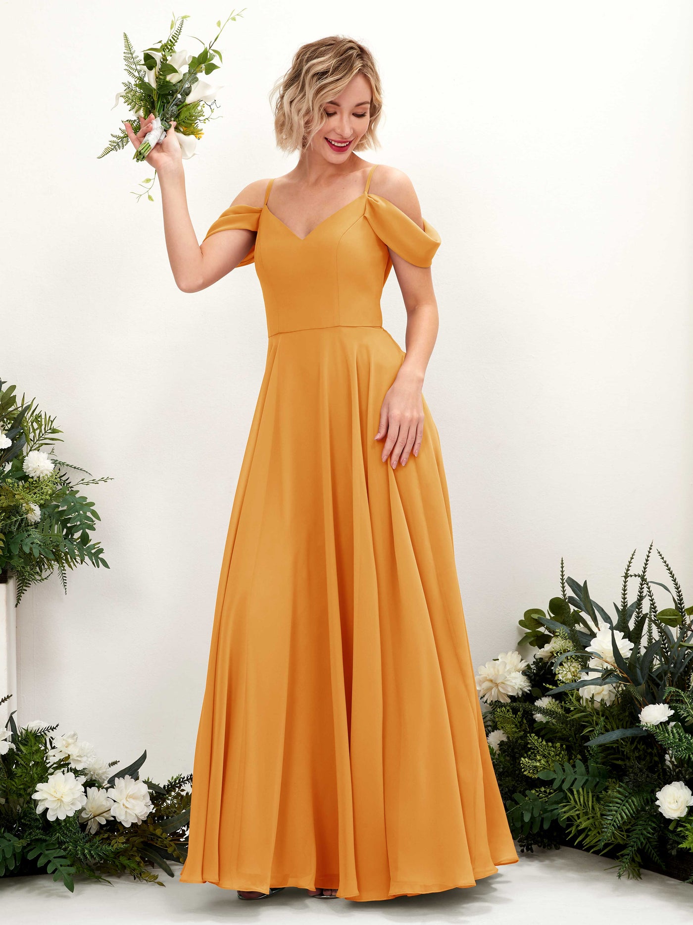 Off Shoulder Straps V-neck Sleeveless Chiffon Bridesmaid Dress - Mango (81224902)#color_mango
