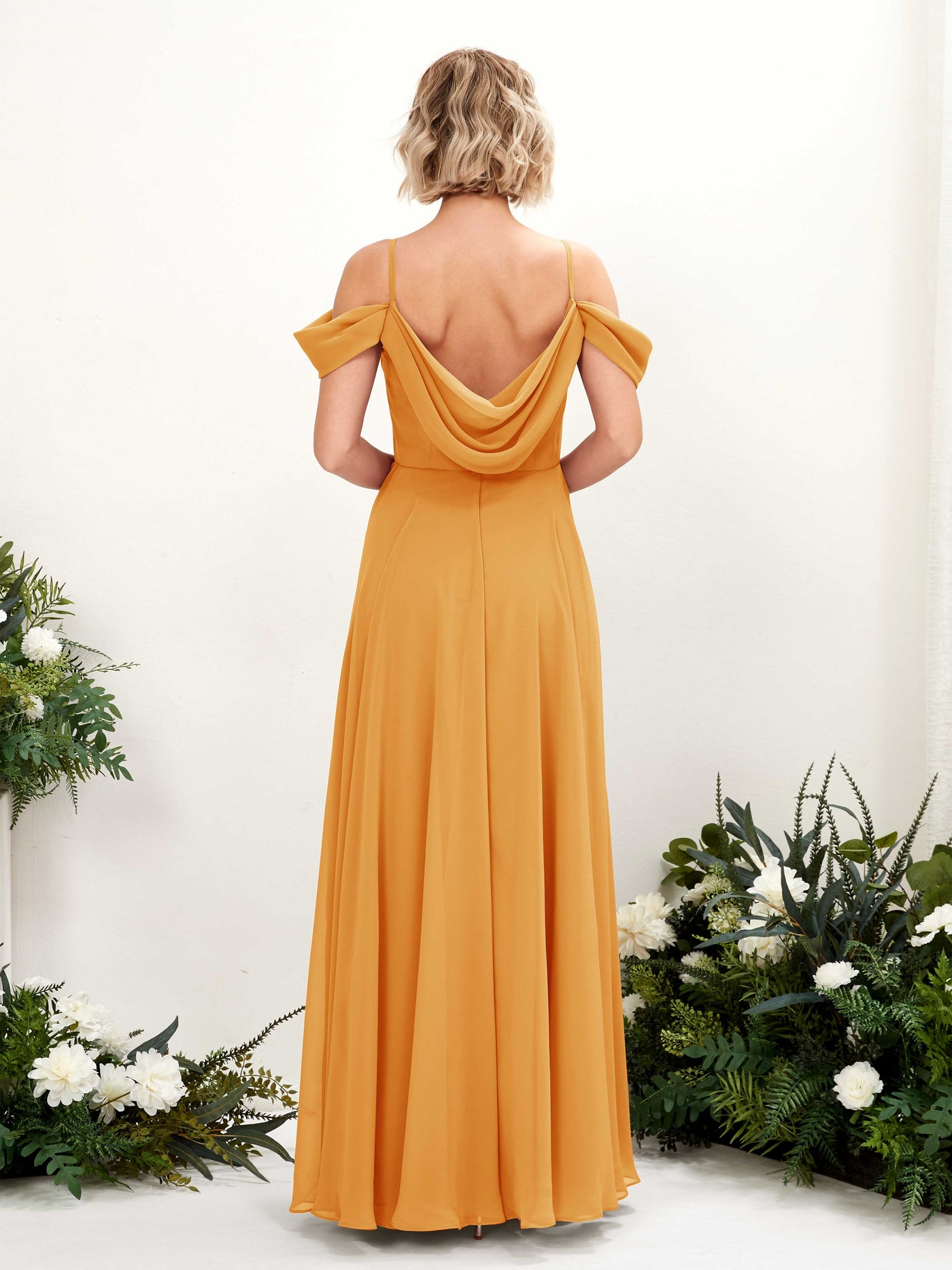 Off Shoulder Straps V-neck Sleeveless Chiffon Bridesmaid Dress - Mango (81224902)#color_mango