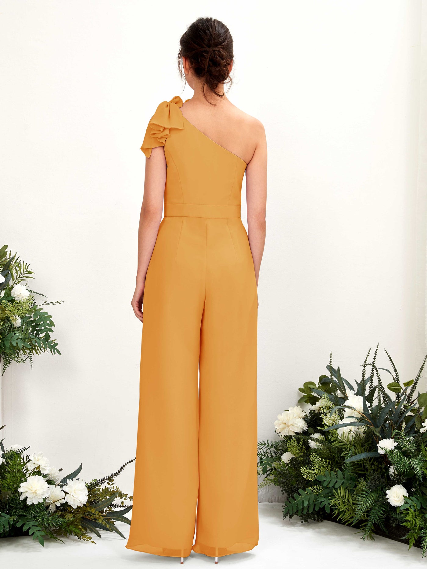 One Shoulder Sleeveless Chiffon Bridesmaid Wide-Leg Jumpsuit - Mango (81220802)#color_mango